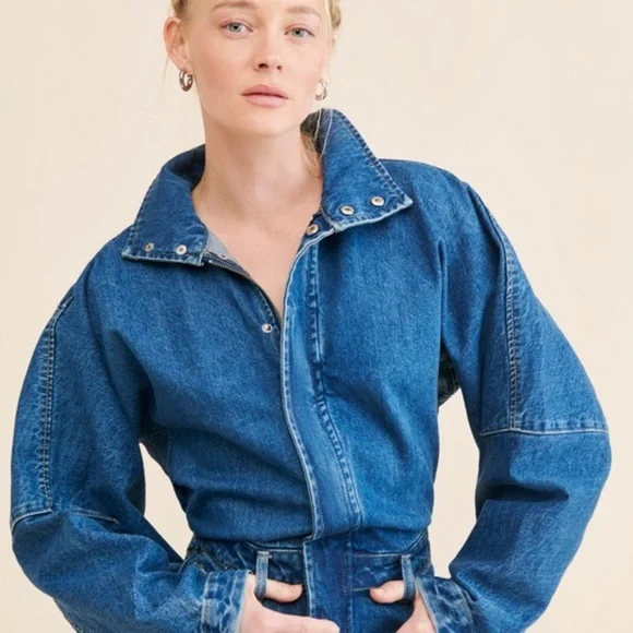 NWT Ronny Kobo Sebastian Denim Point Collar Neck Long Dolman Sleeve Midi dress - Picture 2 of 10